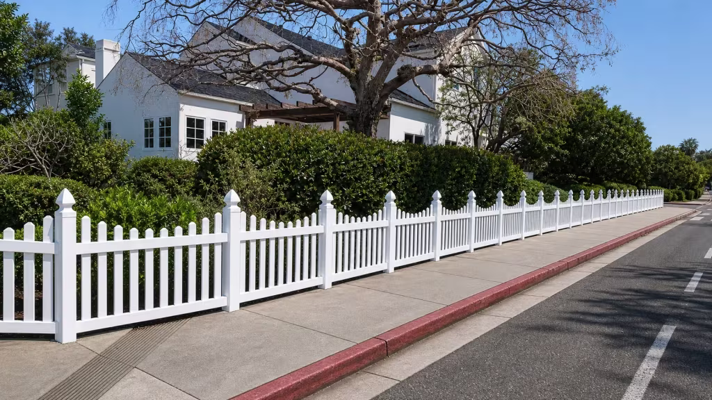 Pickets of the White vinyl dog-ear fence rise above the rail on a diagonal sidewalk run