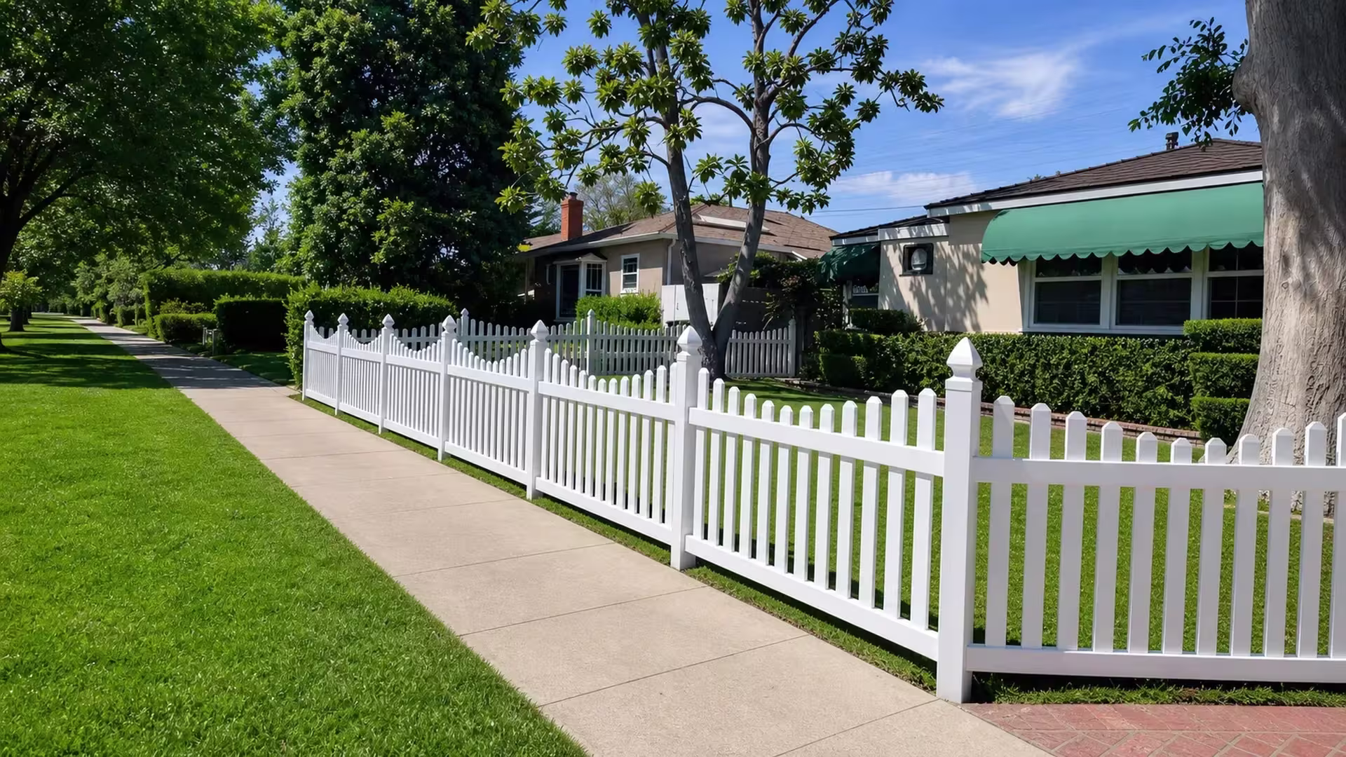 Six panel spans of White vinyl dog-ear fence run diagonally beside a concrete sidewalk