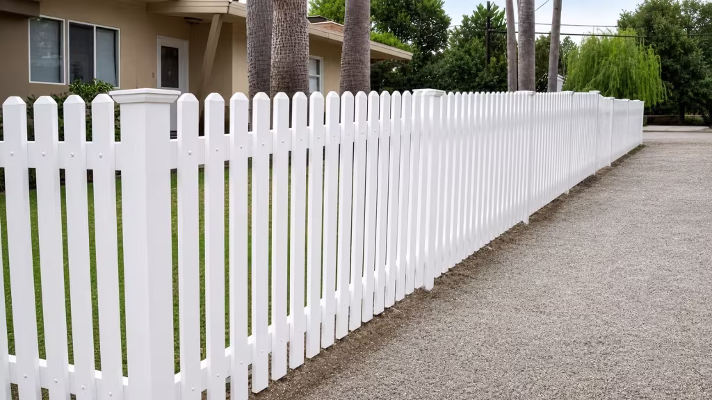 The White vinyl dog-ear fence passes a driveway in front of a beige stucco house