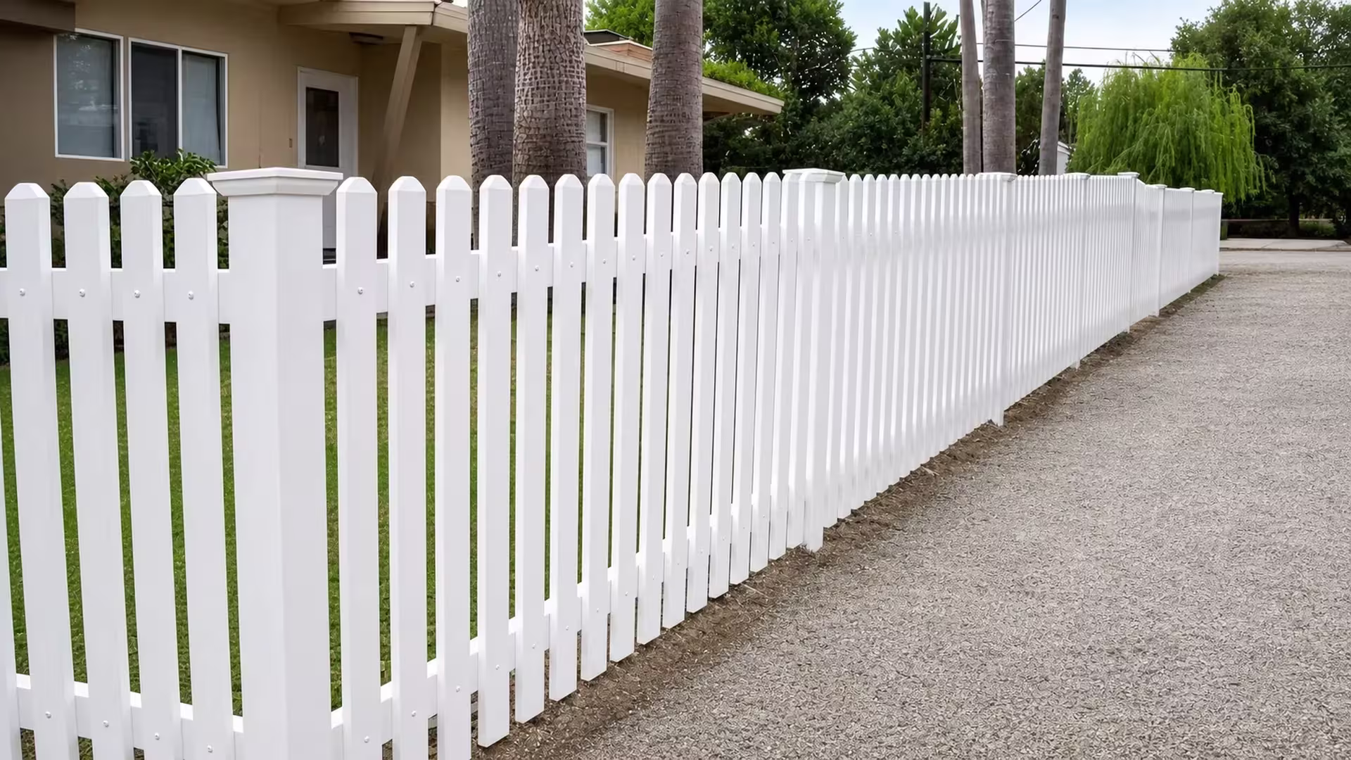The White vinyl dog-ear fence passes a driveway in front of a beige stucco house