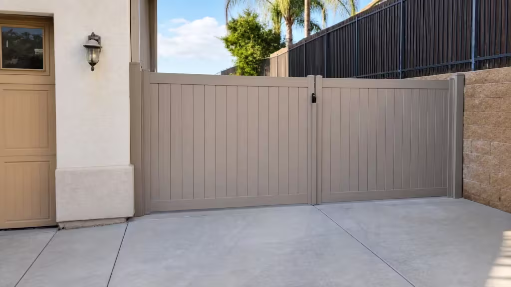 Clay vinyl driveway gate spanning between a stucco house wall and a tan block retaining wall