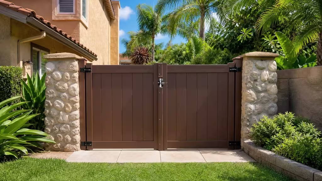Dark Walnut vinyl driveway gate closing the drive between two stone-clad masonry pillars