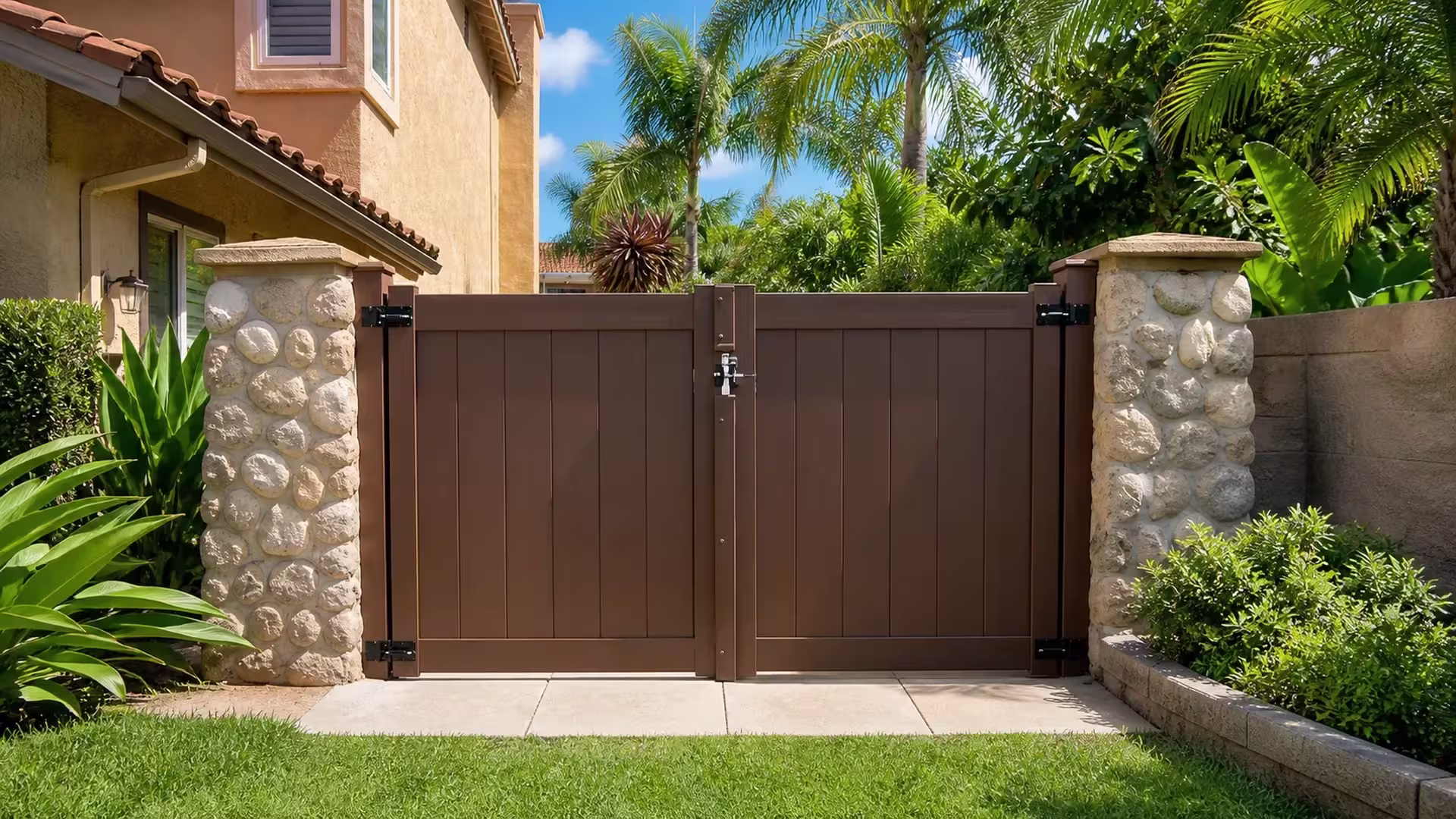 Dark Walnut vinyl driveway gate closing the drive between two stone-clad masonry pillars