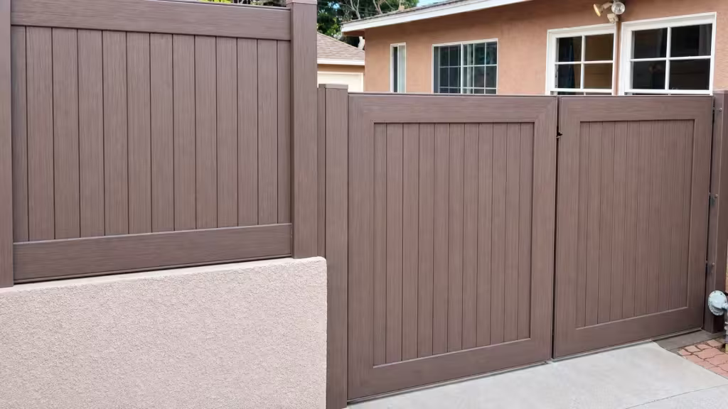 Raised on a peach stucco wall, a fixed privacy panel adjoins this Dark Walnut vinyl driveway gate
