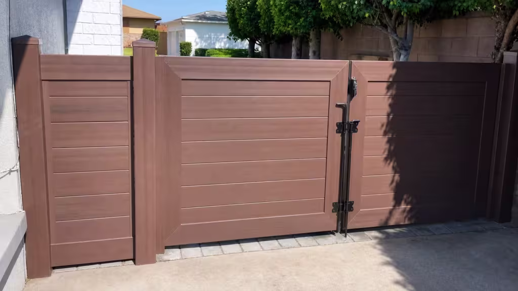 A narrow fixed panel and two swinging leaves, all Dark Walnut vinyl driveway gate, close beside a white building wall
