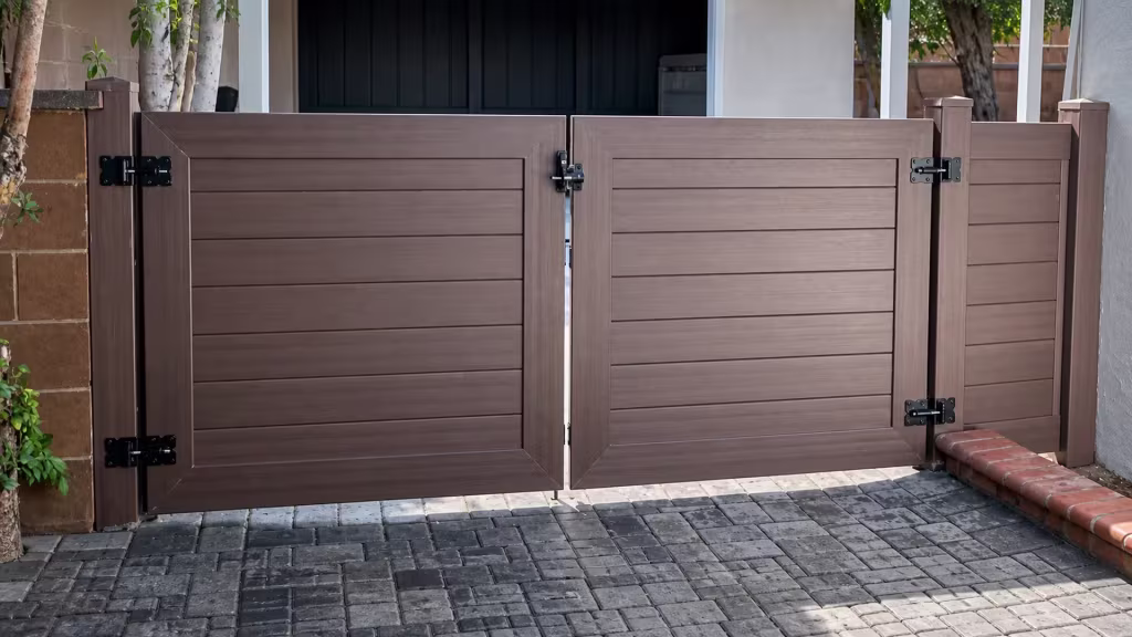 Horizontal board courses on this Dark Walnut vinyl driveway gate echo the coping along a brown masonry wall beside it