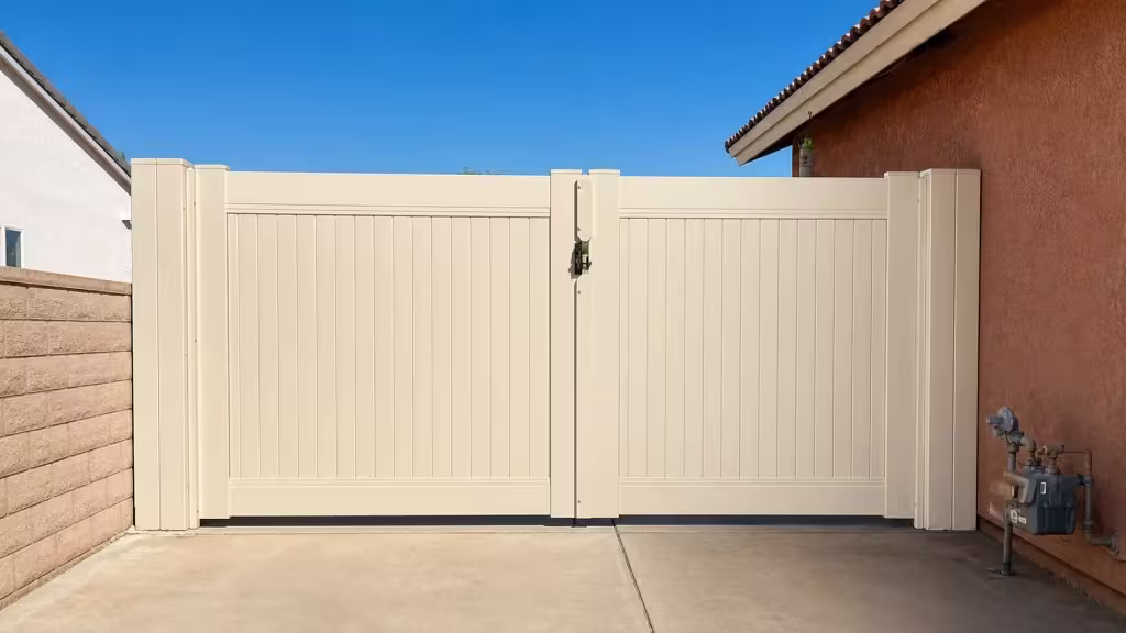 Tan vinyl driveway gate with unequal swinging leaves standing near a utility meter and tiled roofline