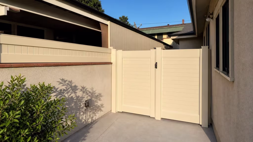 Tan vinyl driveway gate beside a short matching privacy section mounted above a stucco masonry wall