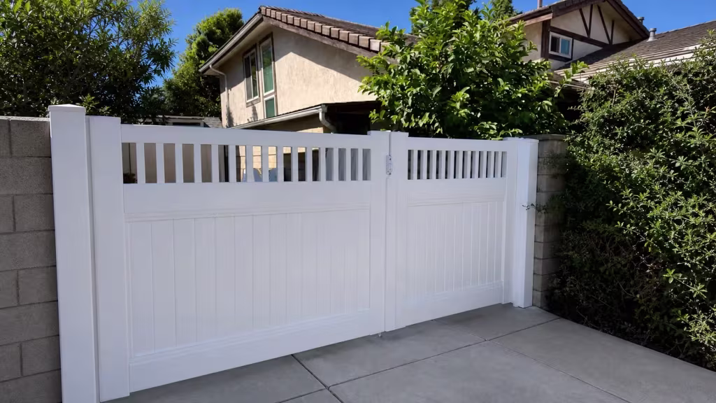 Tiled rooflines rise above this picket-top White vinyl double driveway gate beside a concrete block wall