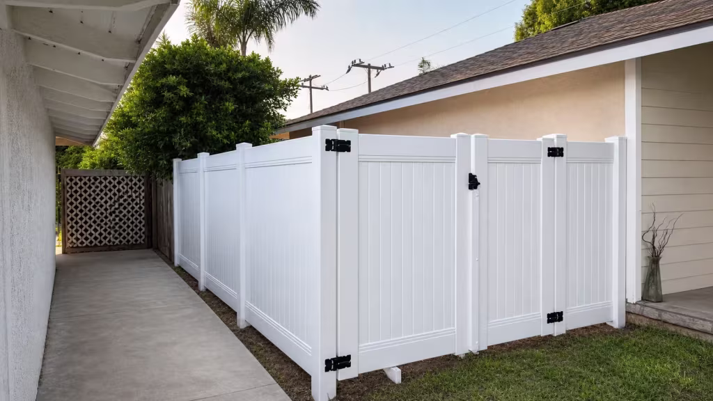 A mature hedge and palm rise beside the steps next to this White vinyl driveway gate on the narrow walkway
