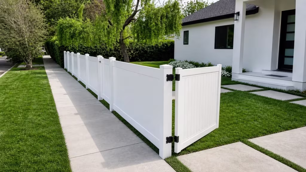 Standing open beside a straight privacy fence line, this White vinyl driveway gate borders the sidewalk