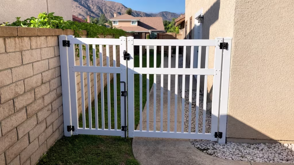 A decorative rock bed lines the walkway beside this White vinyl asymmetrical picket driveway gate