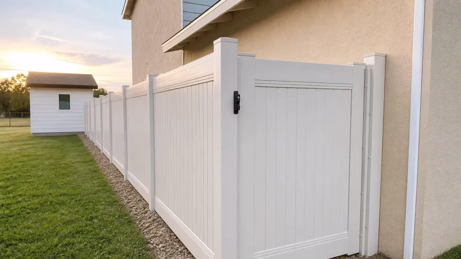 Tan vinyl gate closed below the eaves of a beige stucco house with gray-blue upper siding and rafter tails