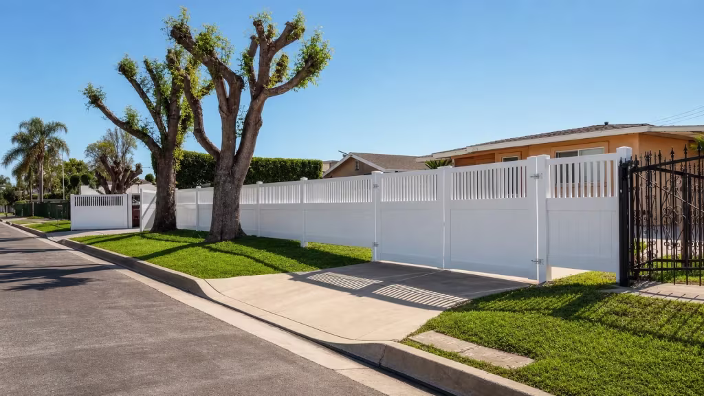 White vinyl fence and gate closing a driveway, its two leaves meeting at a center seam beneath pollarded trees