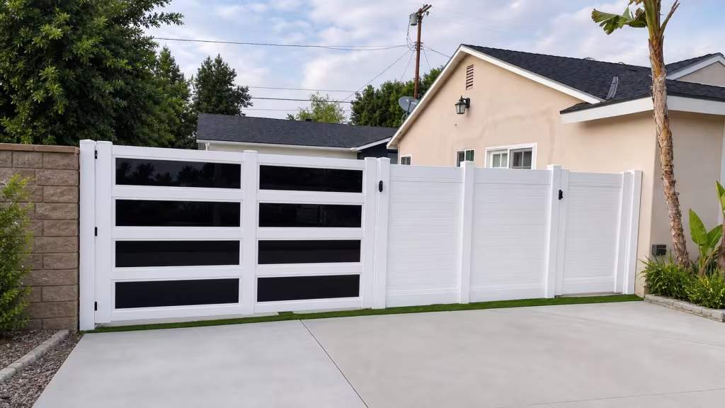 White vinyl driveway gate with dark translucent horizontal insets meets at center across a concrete drive
