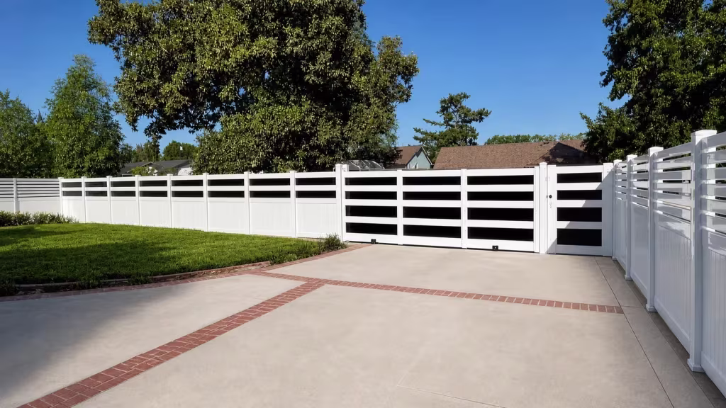 White vinyl gate built from stacked horizontal open bands, its narrow pedestrian leaf closed beside the wider driveway leaves