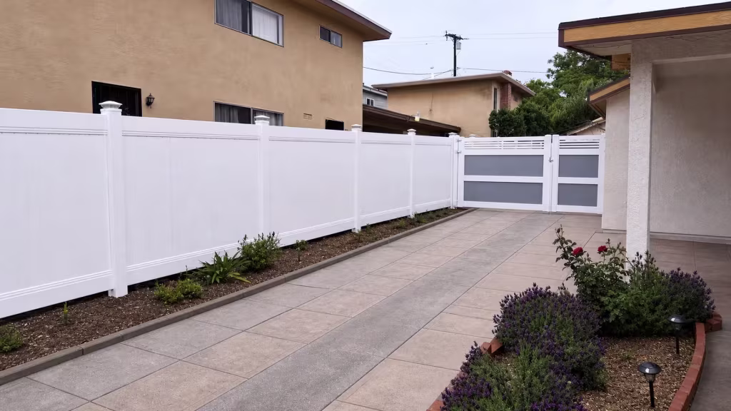 White vinyl privacy fence follows the driveway to a two-leaf gate set between posts at the far end