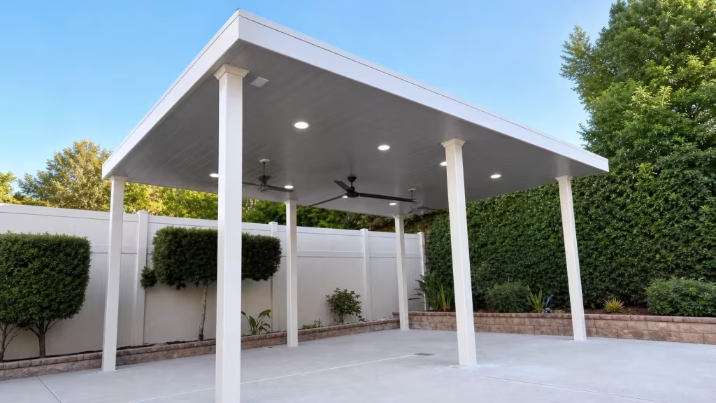 Six square posts and a dark gray paneled underside mark this large White vinyl freestanding patio cover over a concrete patio
