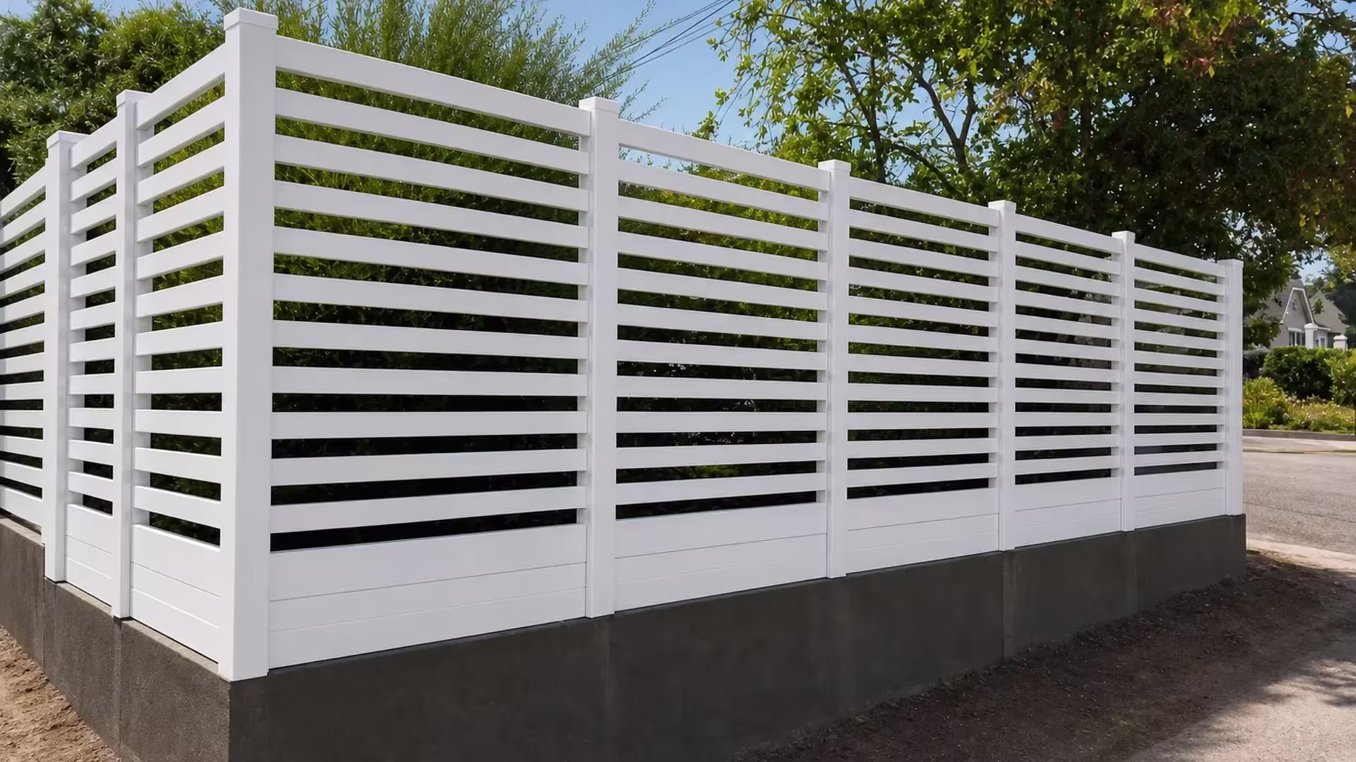 Long White vinyl picket fence capping a dark masonry retaining wall above the street