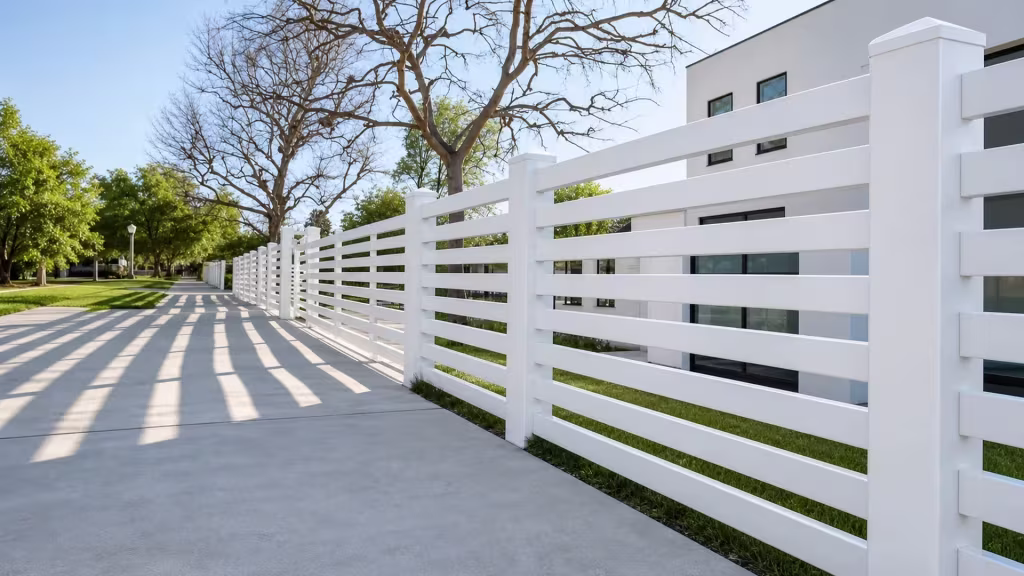 A pristine White vinyl horizontal fence recedes beside a sidewalk in front of a modern building with gray siding