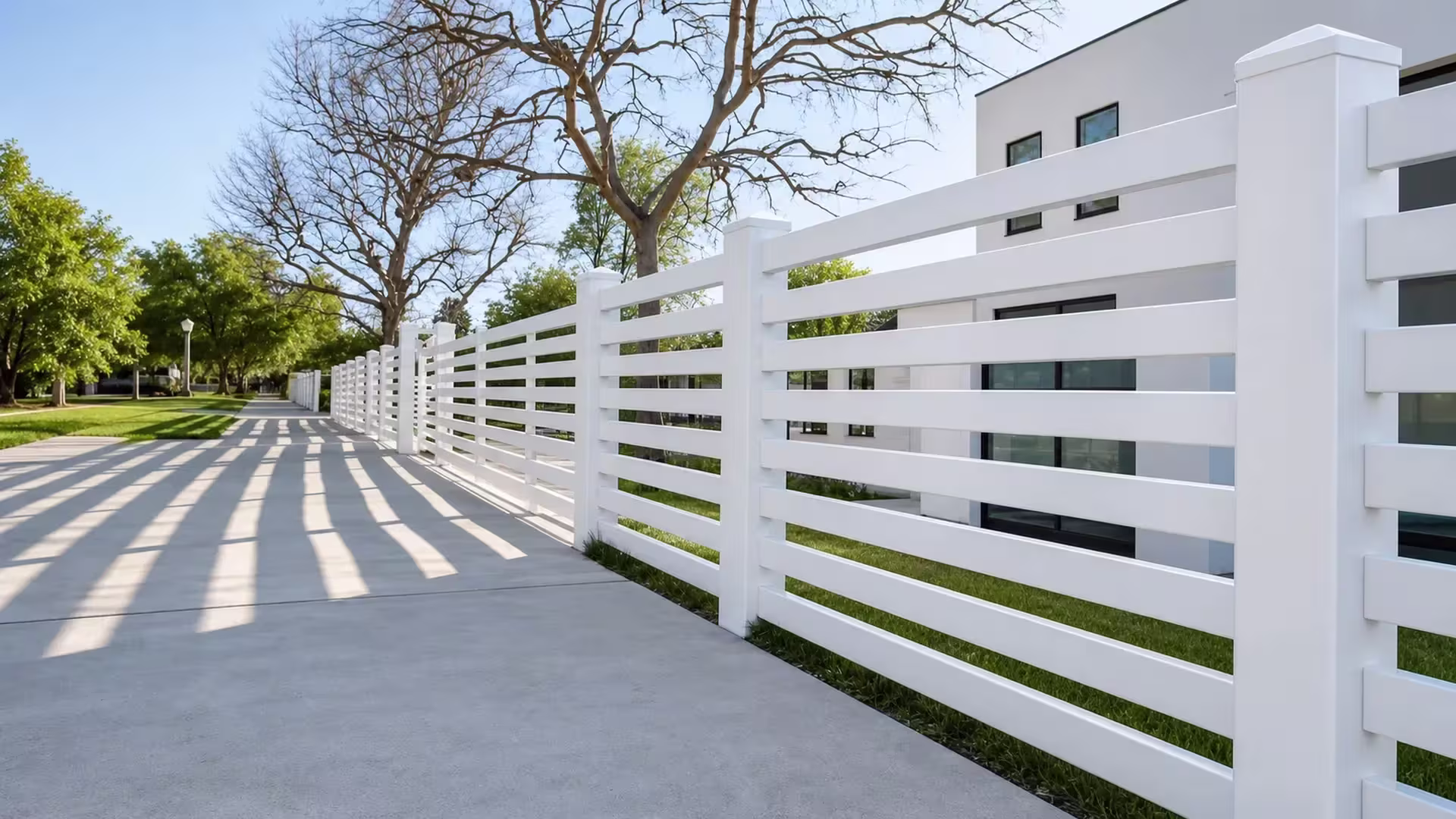 A pristine White vinyl horizontal fence recedes beside a sidewalk in front of a modern building with gray siding