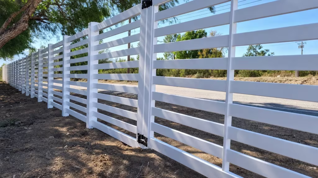Broad-railed White vinyl picket fence runs beside bare earth and a road, closely spaced rails between tall square posts