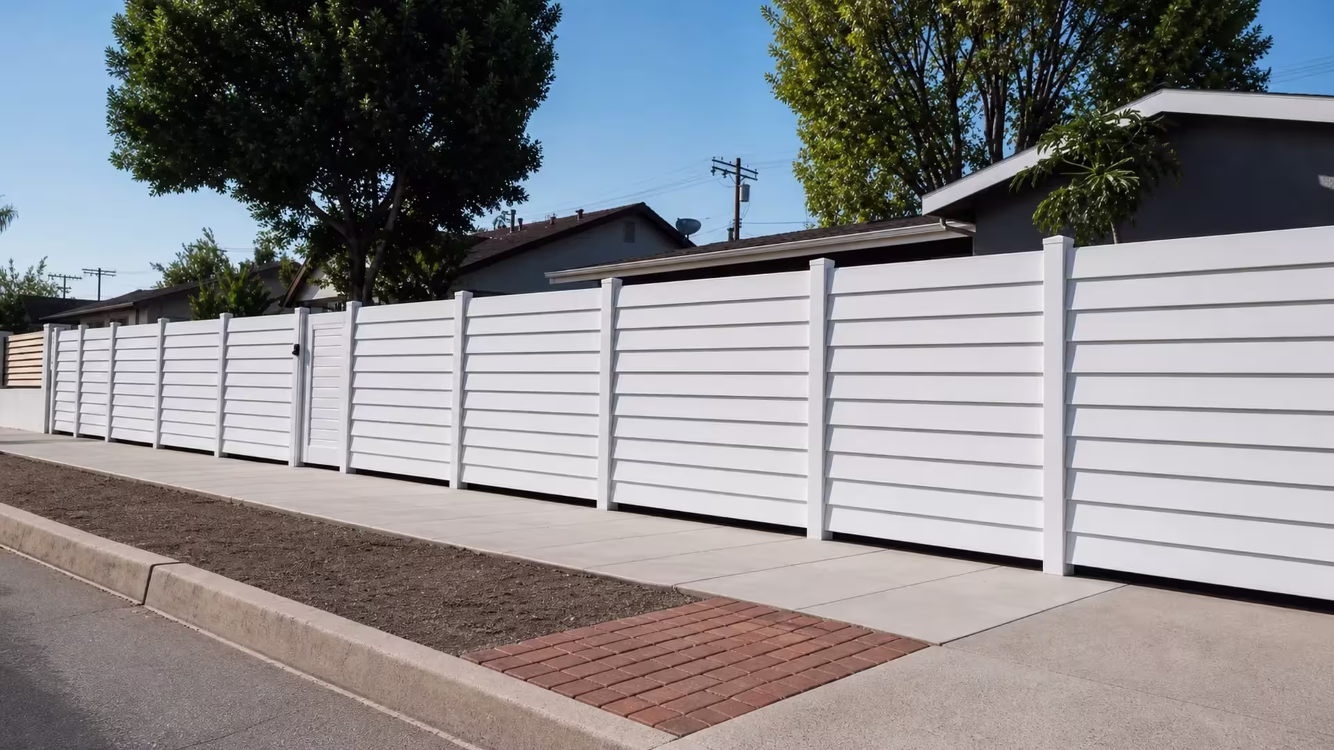 A single-leaf pedestrian gate breaks this White vinyl horizontal picket fence as it follows the yard's existing grade