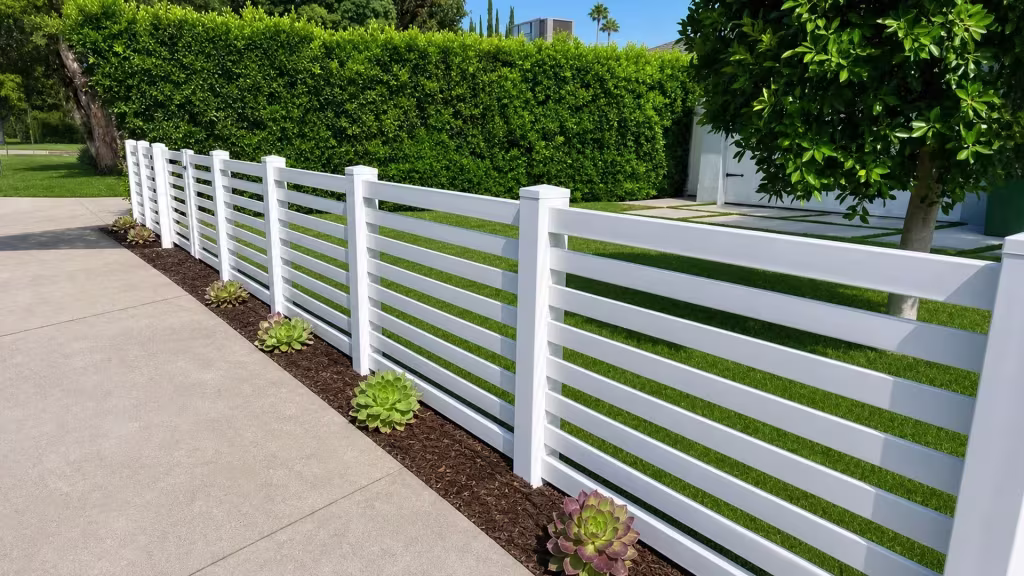 Straight White vinyl picket fence recedes past a roadside hedge and planting strip toward a distant building entry