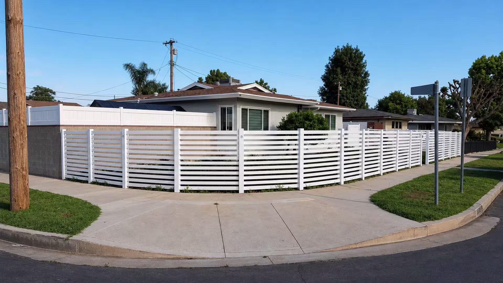 White vinyl picket fence wrapping a corner yard and turning to follow the sidewalk edge