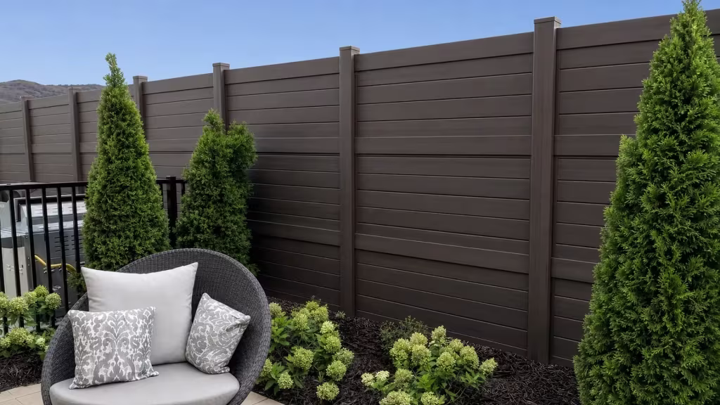 Dark Walnut vinyl horizontal privacy fence running past a hydrangea bed and a woven patio chair