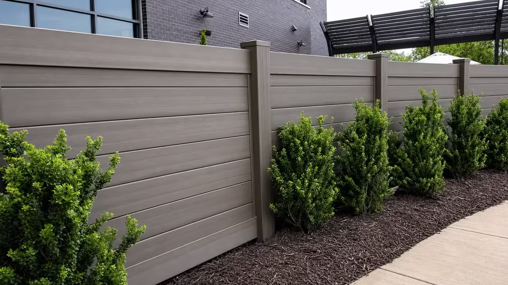 Mesquite vinyl horizontal privacy fence running along a gray brick facade near a white patio umbrella