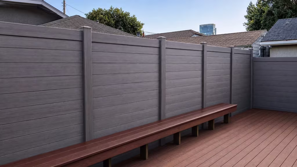 Weathered Blend vinyl horizontal privacy fence stepping gradually downward across five paneled bays