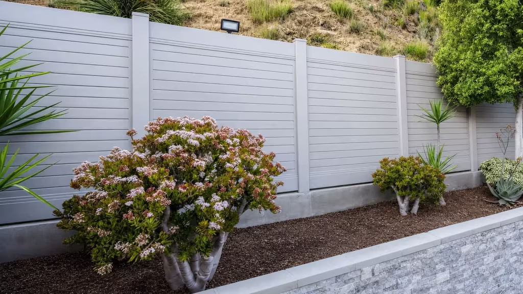 A stone-faced retaining wall carries a White vinyl horizontal privacy fence facing a dry hillside