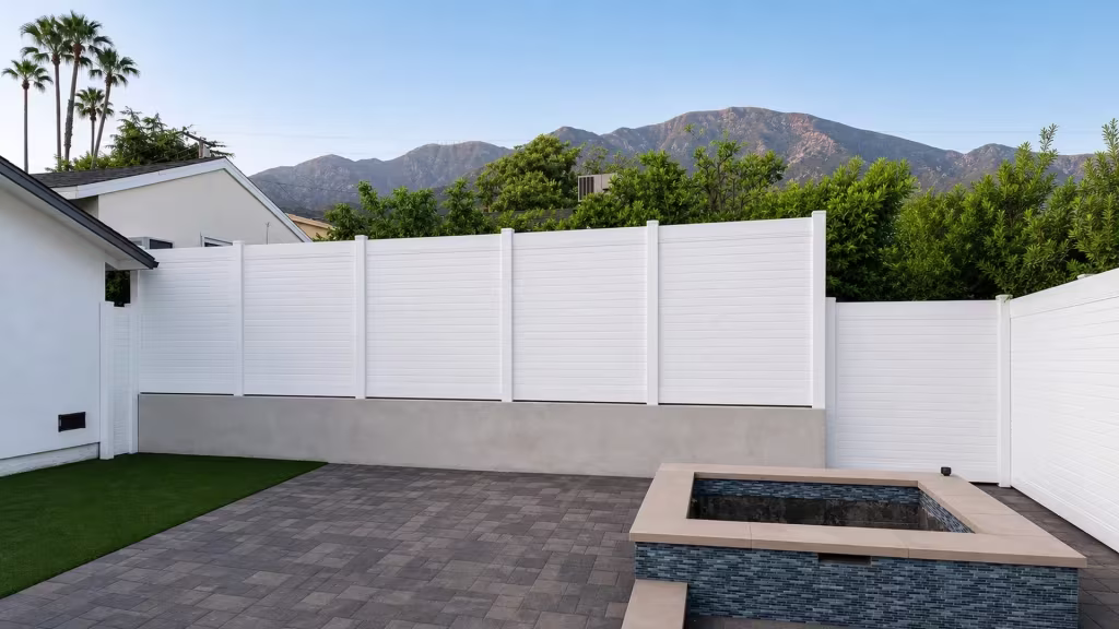 A tiled spa patio sits beside a White vinyl horizontal privacy fence perched above a stucco wall