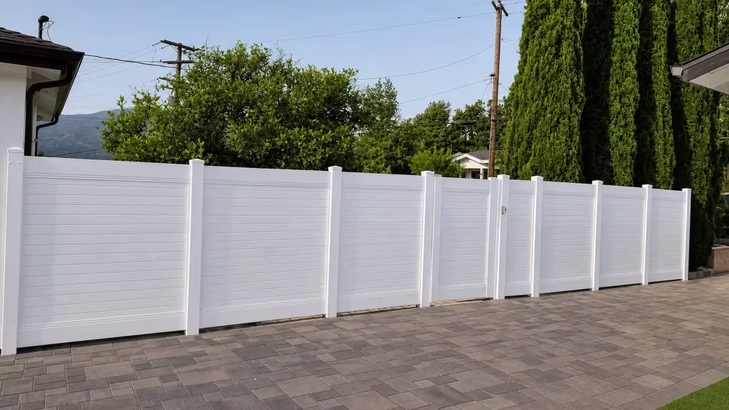 A paved residential driveway is spanned by a White vinyl horizontal privacy fence near distant mountains