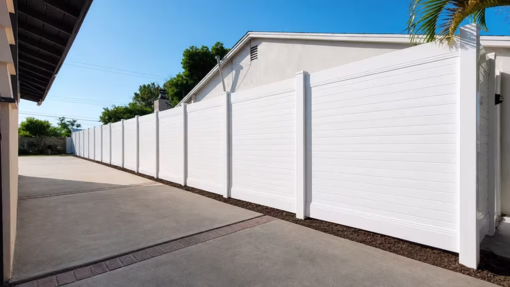A masonry column anchors the return of a White vinyl horizontal privacy fence beside the house