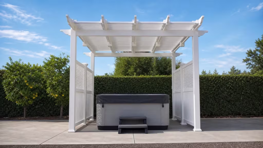 A hedge lines the concrete patio where a White vinyl solid-roof pergola stands with sculpted rafter ends