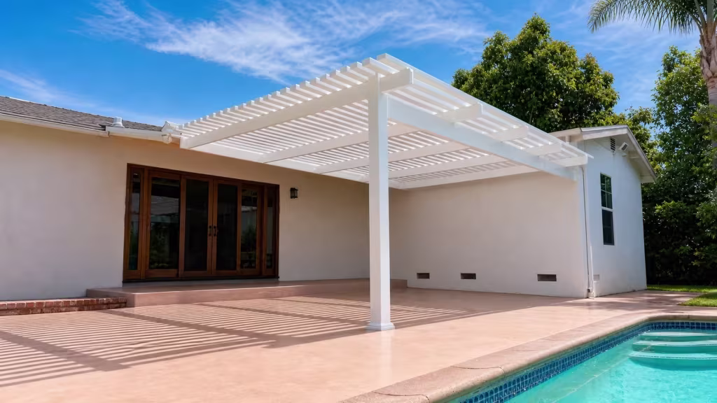 Mature palm fronds and pool coping stretch out in front of a White vinyl picket patio cover
