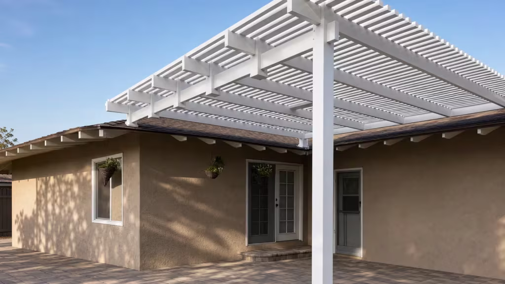 Hanging planters dot the patio underneath a White vinyl picket patio cover on an L-shaped house