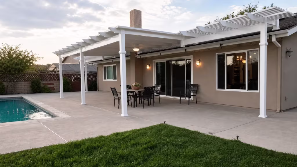 A solid roof panel transitions into open lattice above this White vinyl picket patio cover near the pool edge