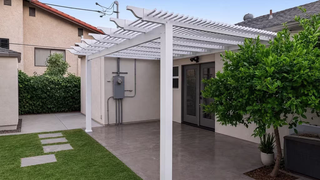 Curved rafter tails and molded post trim mark this White vinyl lattice patio cover over a concrete patio