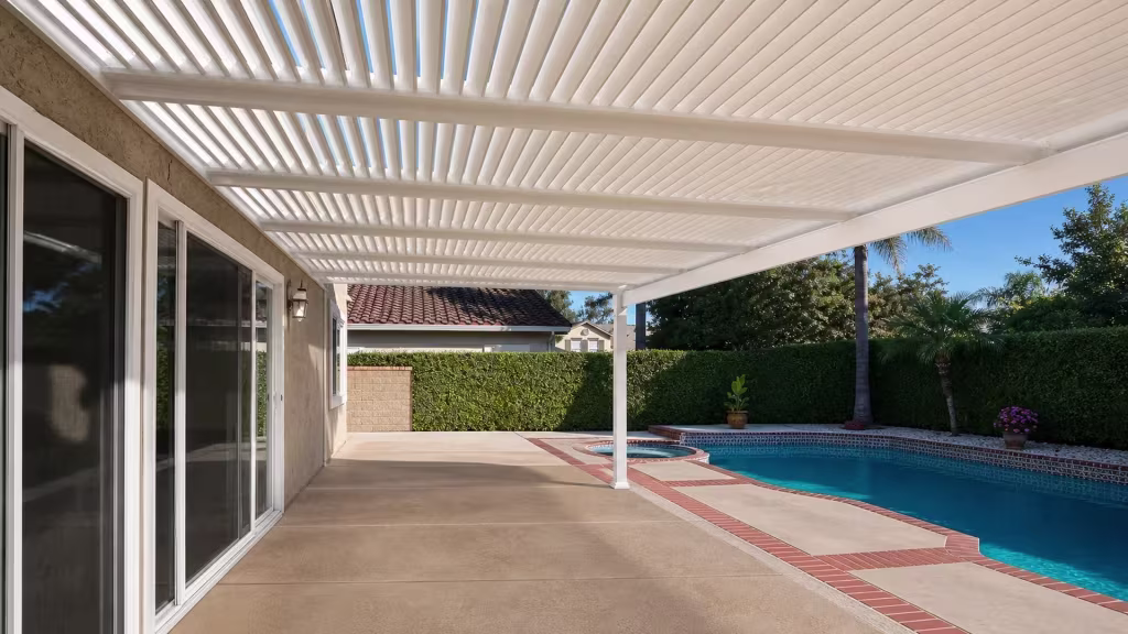 Red-and-gray deck inlay rings the pool below this White vinyl open-lattice patio cover viewed from underneath