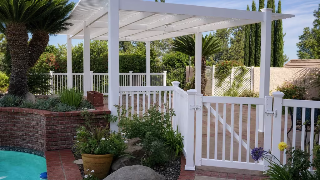 Five posts support a White vinyl freestanding picket patio cover beside a raised brick planter and pool