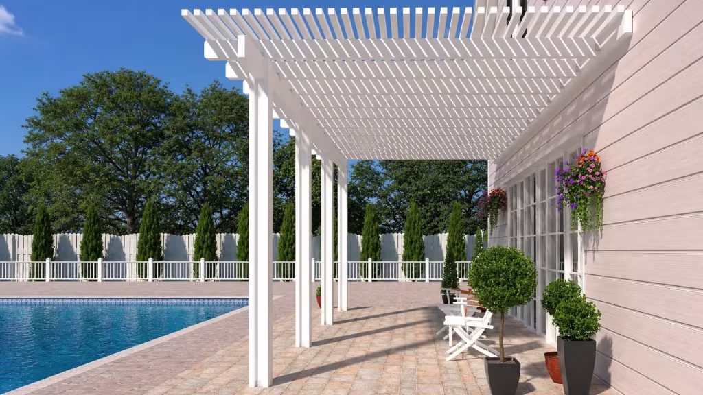 Hanging baskets decorate a horizontal-siding house wall that carries an open-lattice White vinyl patio cover by the pool