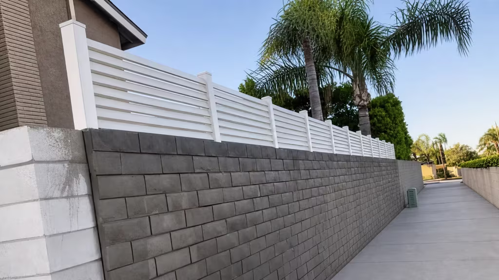 White vinyl picket wall topper sits atop a gray block wall below a neighboring house roofline and hedge