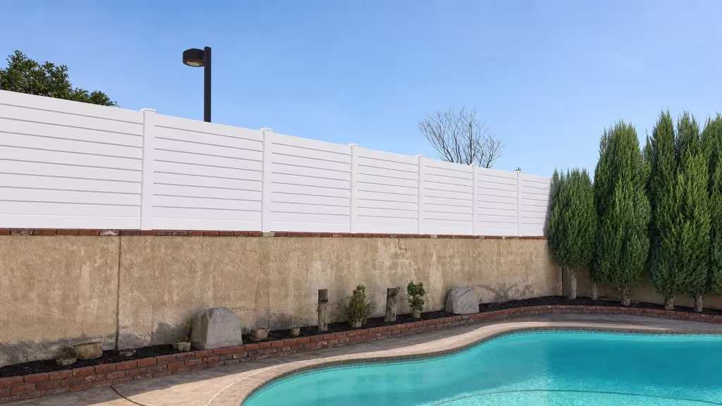 White vinyl picket wall topper lines a tan retaining wall beside a swimming pool and evergreens