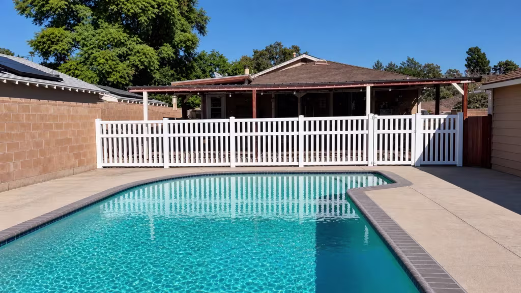 Vinyl pool fence set between a masonry boundary wall and a patio cover, with permanent columns framing the deck