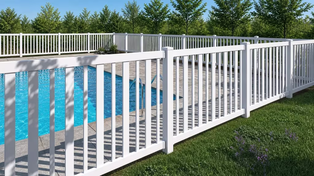 White vinyl pool safety fence running the rear perimeter past a stainless pool ladder and paved deck