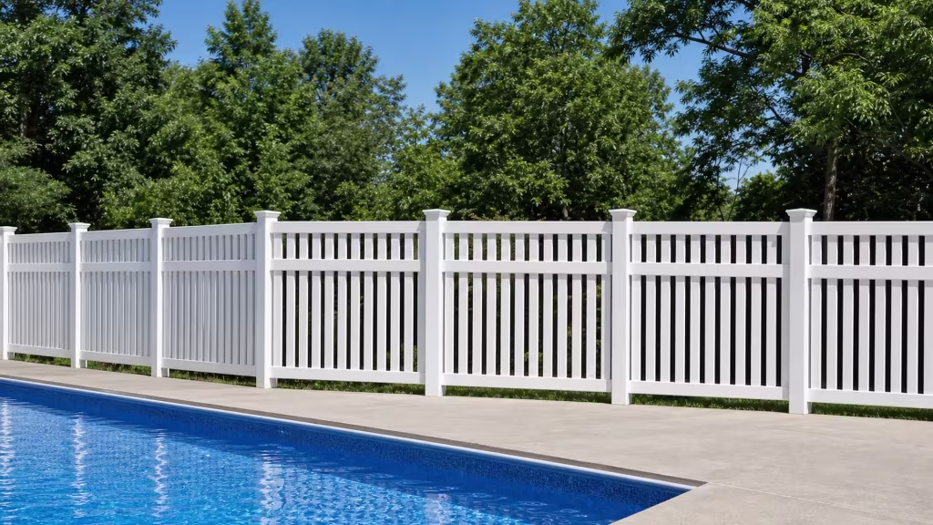 Long lower boards and a row of shorter upper pickets combine on this White vinyl pool fence above two rail bands