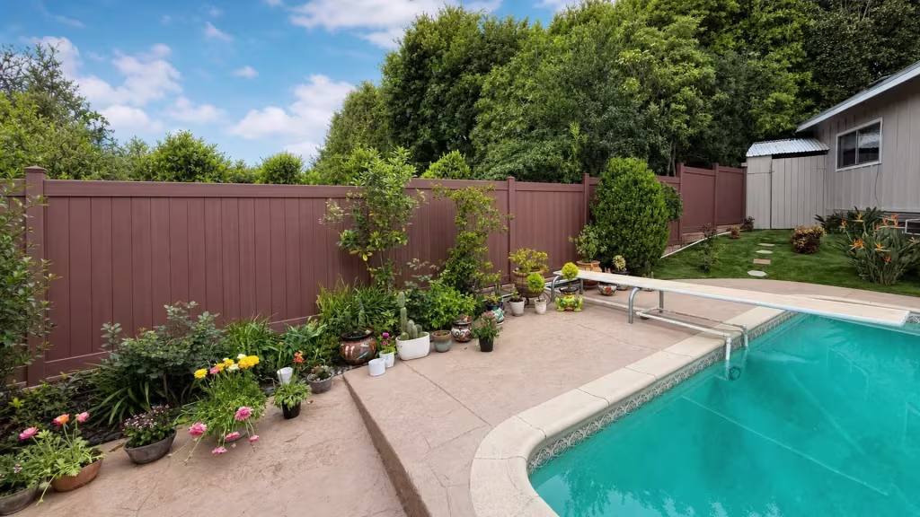 Brazilian Blend vinyl pool fence lining a garden pool deck past stepping stones on its way to a gray outbuilding